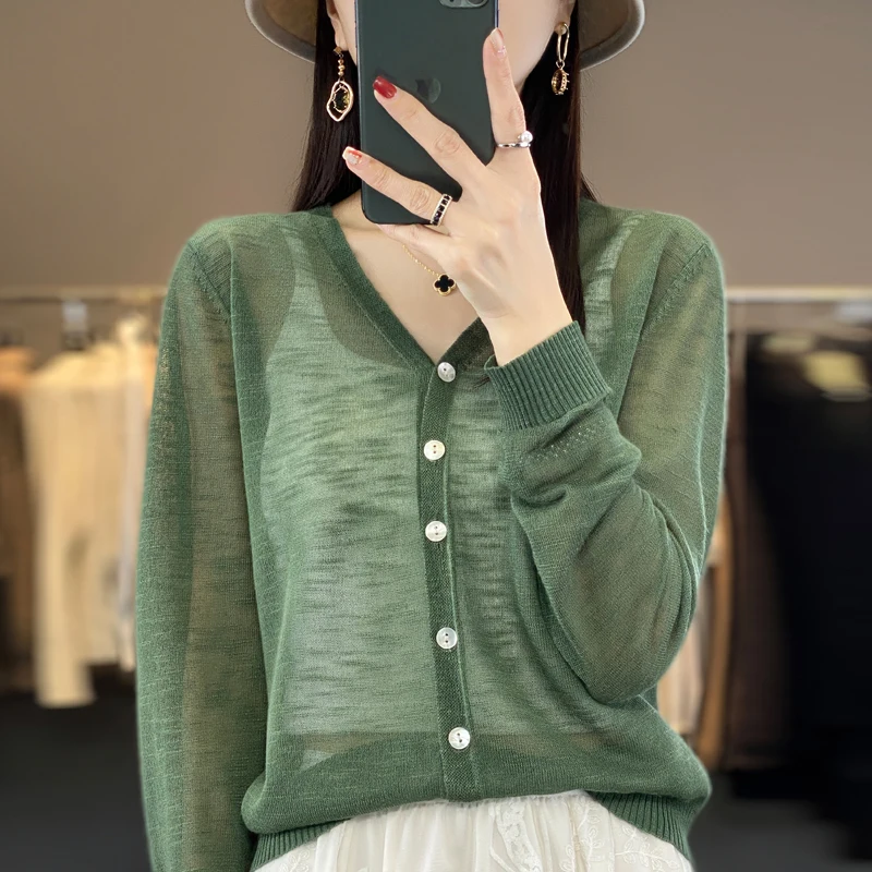 Summer Sunscreen Ice Silk Cardigan Women's V-Neck Long Sleeve Loose Knitted Top Solid Transparent Cardigan Air Conditioned Shirt - Image 3