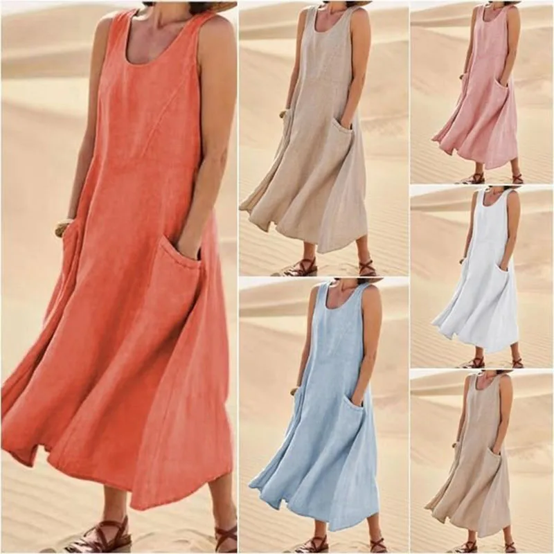 Vintage Sleeveless Tank Dress Women Elegant Round Neck Solid Cotton Linen Vestidos Summer Casual Loose Pockets Long Dresses - Image 3