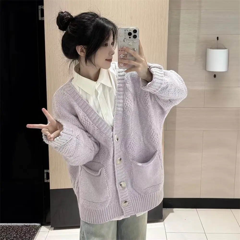 Purple knitted cardigan sweater, college style sweet knitted sweater for women's autumn winter new long sleeved V-neck sweater - Image 2