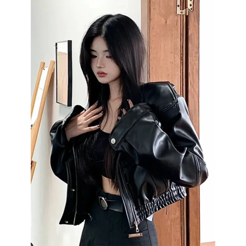 MEXZT Cropped Pu Leather Jackets Women Black Motorcycle Short Coat Streetwear Vintage Korean Loose Casual All Match Outerwear - Image 3