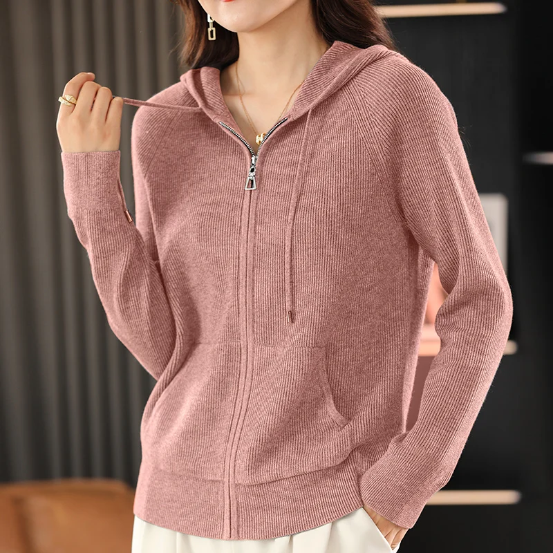 Women Autumn Winter Wool Blend Sweater Hooded Collar Thicken Knitted Zipper Cardigan With Pocket Basis Top Female Coat - Image 5