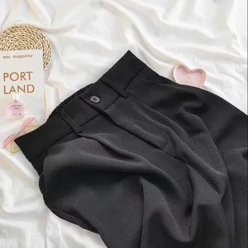 Women Fashion Suit Pant High Waist Casual Loose Straight Solid Trouser Office Lady Streetwear Button Up Elastic Nine Points Pant - Image 6