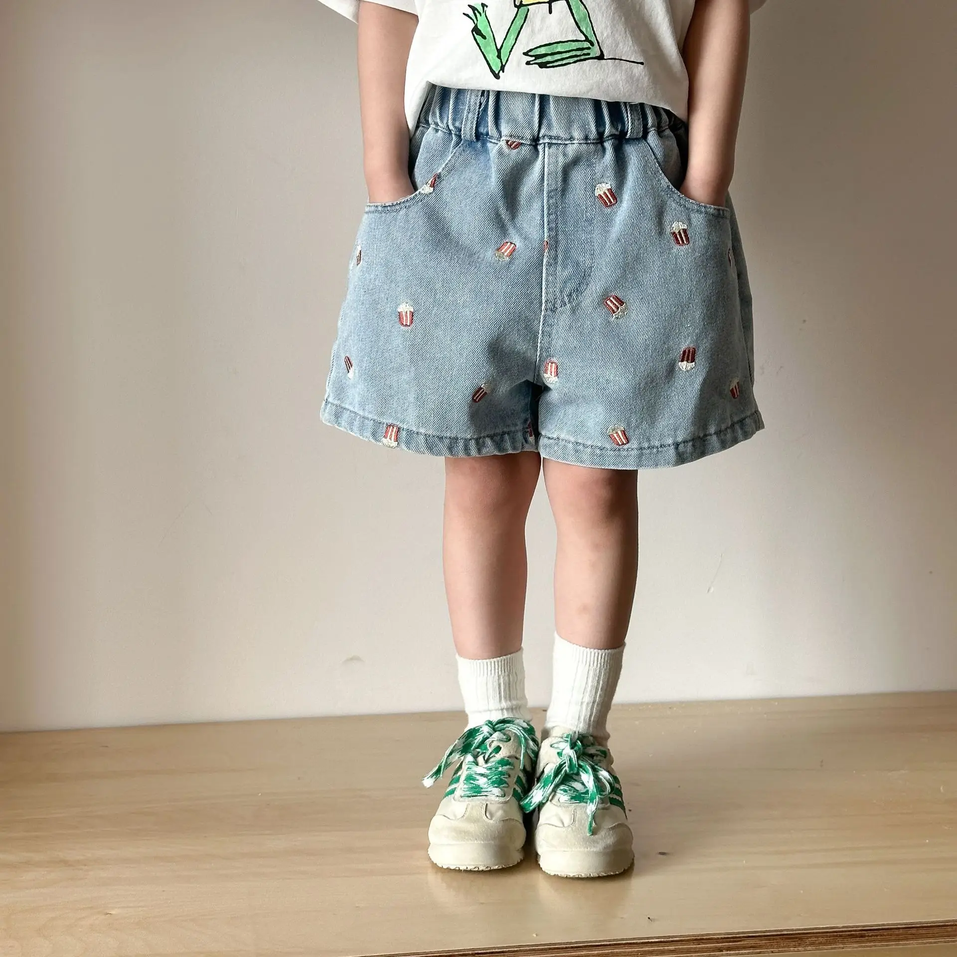 2025 Summer Kids Denim Shorts for Boys Girls Popcorn Embroidery Elastic Waist Casual Knee Length Pants - Image 6