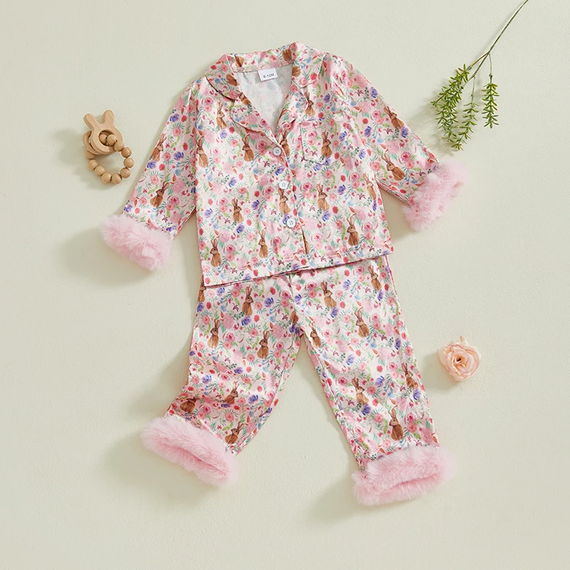 Easter Boys Pajamas Set Bunny Print Cozy Long Sleeve Tops with Matching Pants Sleepwear for Kids - Image 3