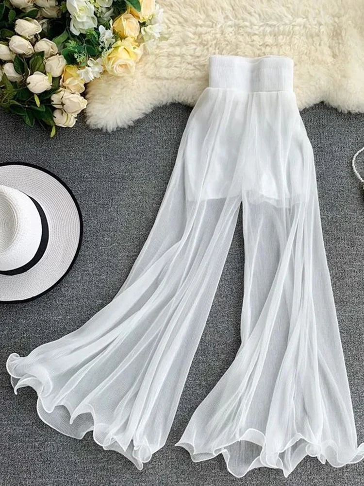 ZOKI Women Flare Pants Loose Gauze Elastic High Waist Ruffle Chiffon Ladies Trousers Fashion Black White Summer Female Pants New - Image 6