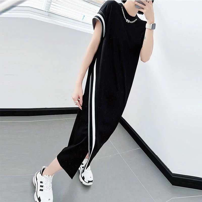 2023 Summer New Korean Style Contrast Color Asymmetrical Ladies Midi Dress Female Short Sleeve Loose Casual Straight Vestidos - Image 3