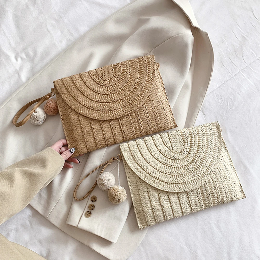 Handmade Ladies Straw Woven Bags Women Summer Holiday Beach Casual Clutch Purse Elegant Shoulder Handbag Raffia Envelope Wallets - Image 2
