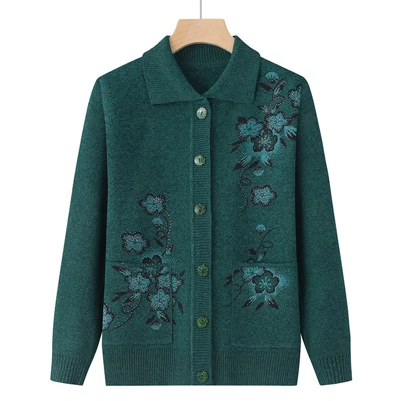 Spring Autumn Long-Sleeve Sweater Women Cardigan Coat New Print Middle-Aged Elderly Knitted Bottoming Shirt Female Tops Jacket - Image 2