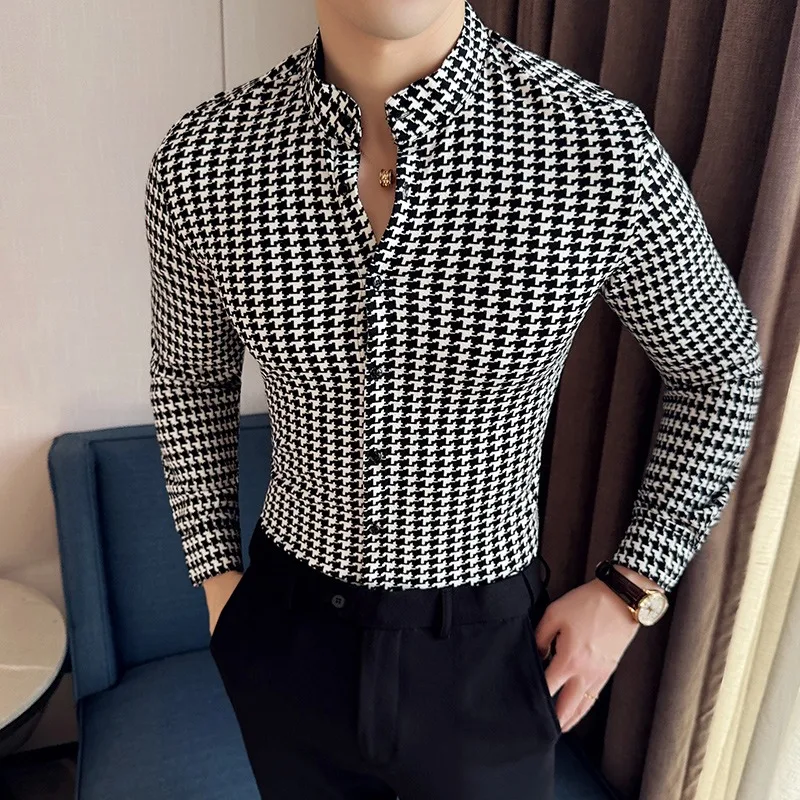 High-quality Houndstooth Shirts for Men 2024 Spring High Elasticity Slim Casual Shirt Brand Men Clothing Social Party Streetwear - Image 3
