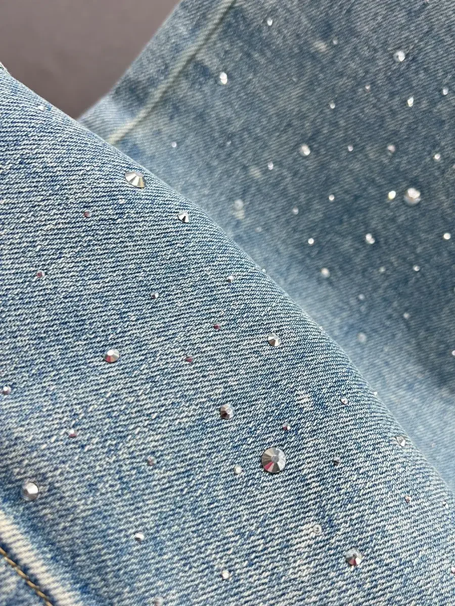 Rhinestone XINGX Pendant Design High Waist Wash Jeans Women's Summer Loose Slimming and All-Matching Straight-Leg Pants - Image 2