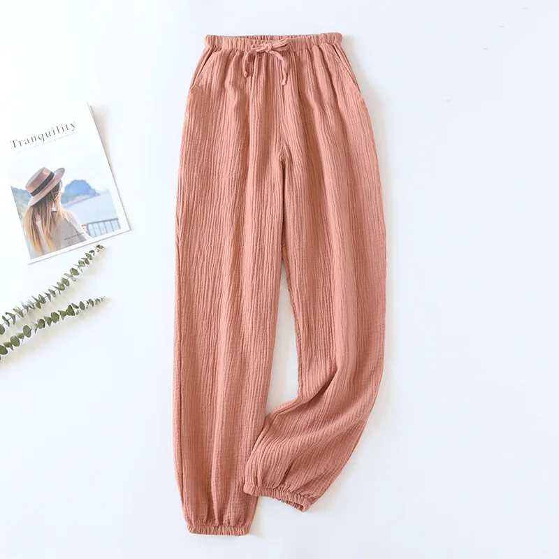 Japanese-style New Spring And Summer Women's Trousers 100% Cotton Crepe Cloth Large Size Color Tie Pants Casual Pants Home Pants - Image 4
