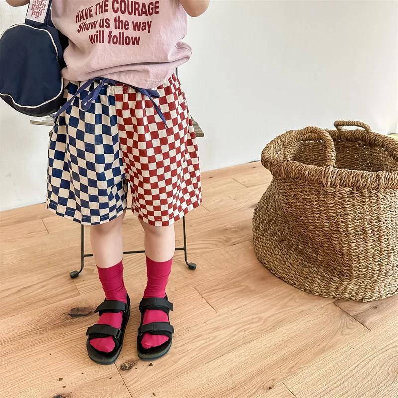 Children Summer Thin Patchwork Shorts Baby Girls Loose Boutique Short Pants For Boys New Fashion Plaid Cotton Short Tousers - Image 3