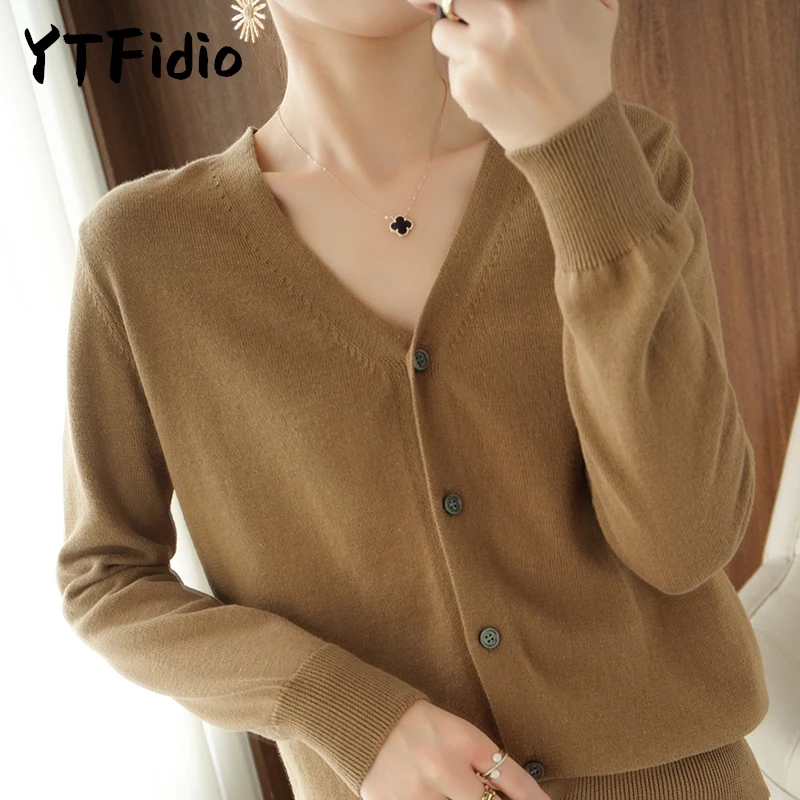 YTFidio 100% Cotton Women V-neck Long Sleeve Knitwear Cropped Coat Cardigans Sweaters Solid Casual 202 - Image 6