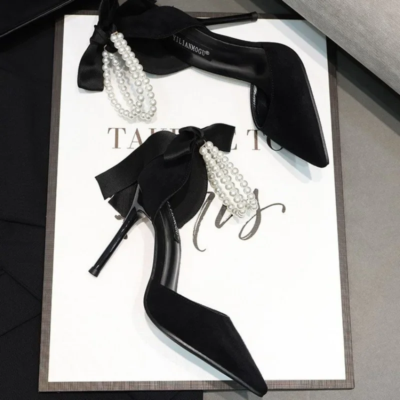 Black Women's Pumps Summer New Brand Design String Bead Pearls Wedding Bridal High Heels Sexy Pointed Toe Party Dance Shoes - Image 4