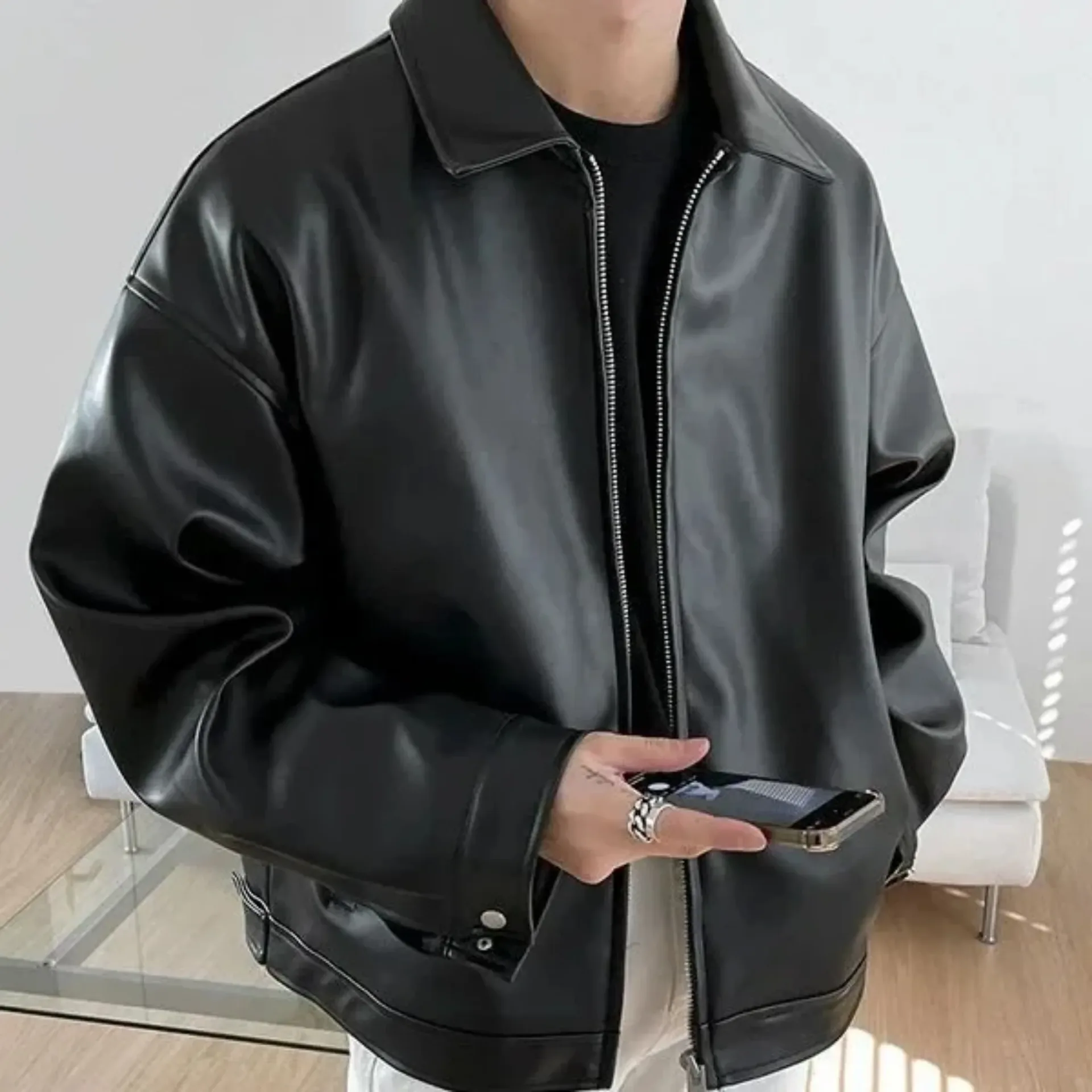 New Trendy Men's Leather Jacket Korean Style Pu Leather Spring Casual Motorcycle Jacket Trendy Baseball Uniform 2024 - Image 4