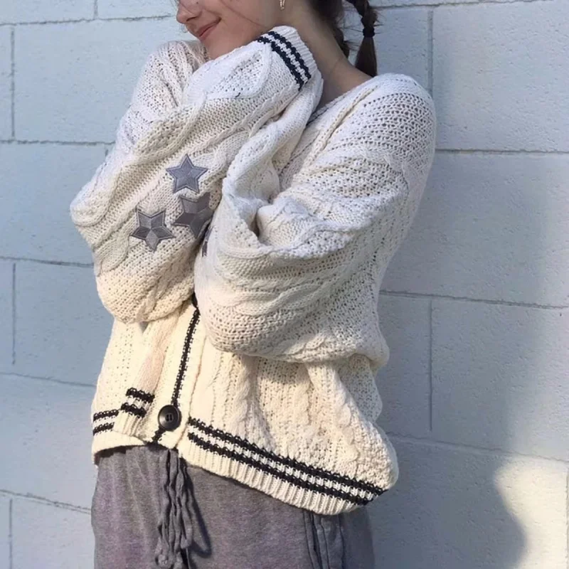 2024 Winter Loose Knitted Cardigans Coat Star Embroidery Y2K Women Sweaters Streetwear Vintage Casual Single Long Sleeve Top - Image 3