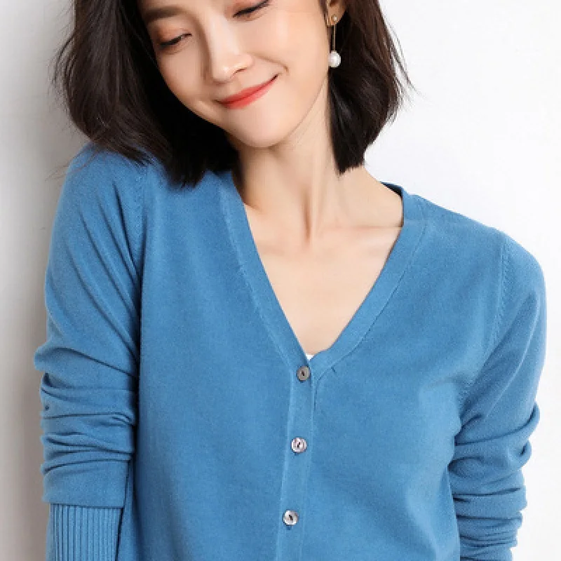 Cardigans Women 2022 Autumn Single Breasted V-neck Knitted Sweater Fashion Short Knitwear Solid Blue Green Pink Women's Jumpers - Image 4