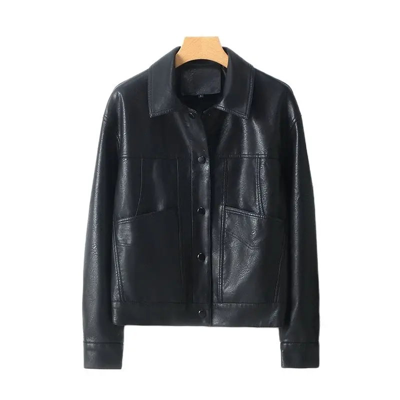 2023 New Female Motorcycle Leather Jacket Spring and Autumn Women's Leather Lapel Button Slim Korean Version of Women's Coat - Image 4