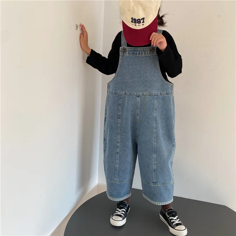 2024 Autumn New Children Loose Overalls boys girls casual all-match denim Trousers Spring Fall Solid Outwear 1-7Y Kids bib pants - Image 3