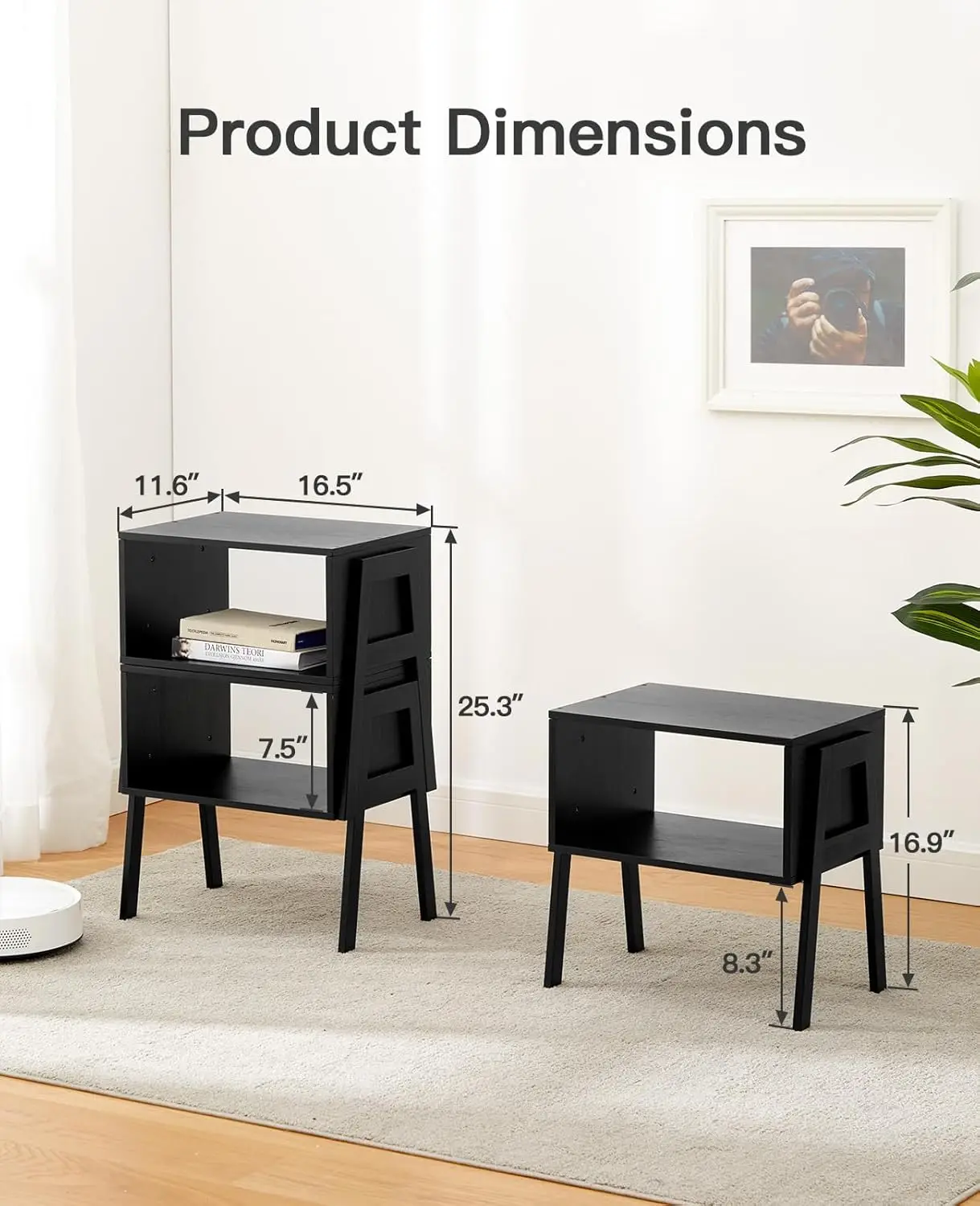 Bedside Tables, Stackable Bamboo Nightstands, Bamboo Side Tables for Bedroom & Living Room, End Table Night Stands, Set of 2, Bl - Image 3