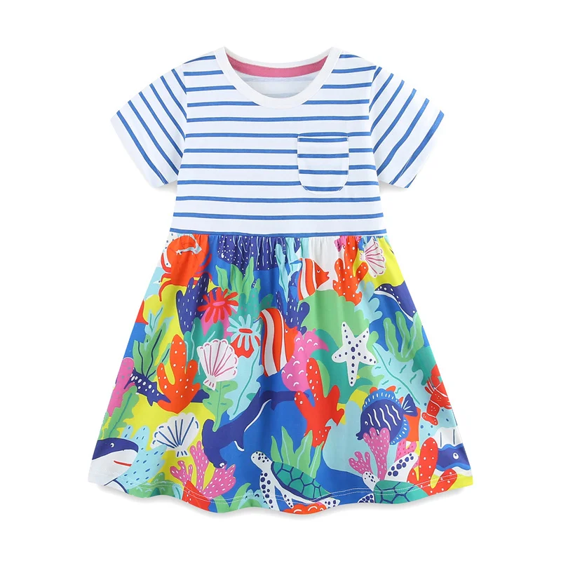 Jumping Meters 2-7T New Arrival Princess Girls Dresses Summer Striped Animals Print Fashion Kids Frocks Party Children Clothes - Image 3