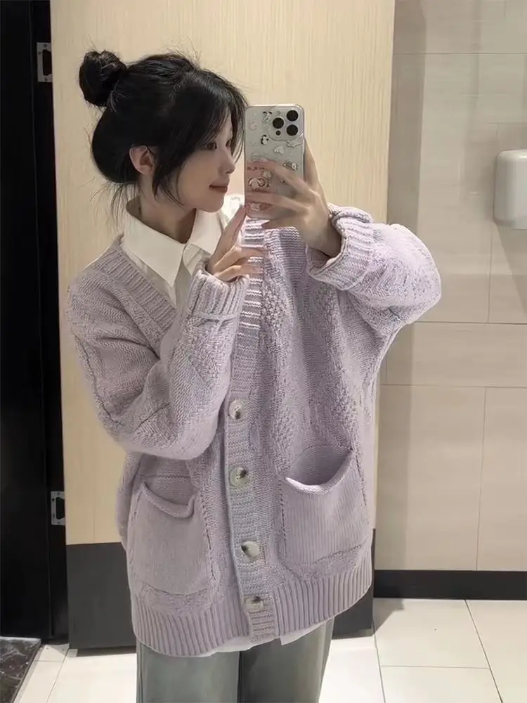 Purple knitted cardigan sweater, college style sweet knitted sweater for women's autumn winter new long sleeved V-neck sweater - Image 4