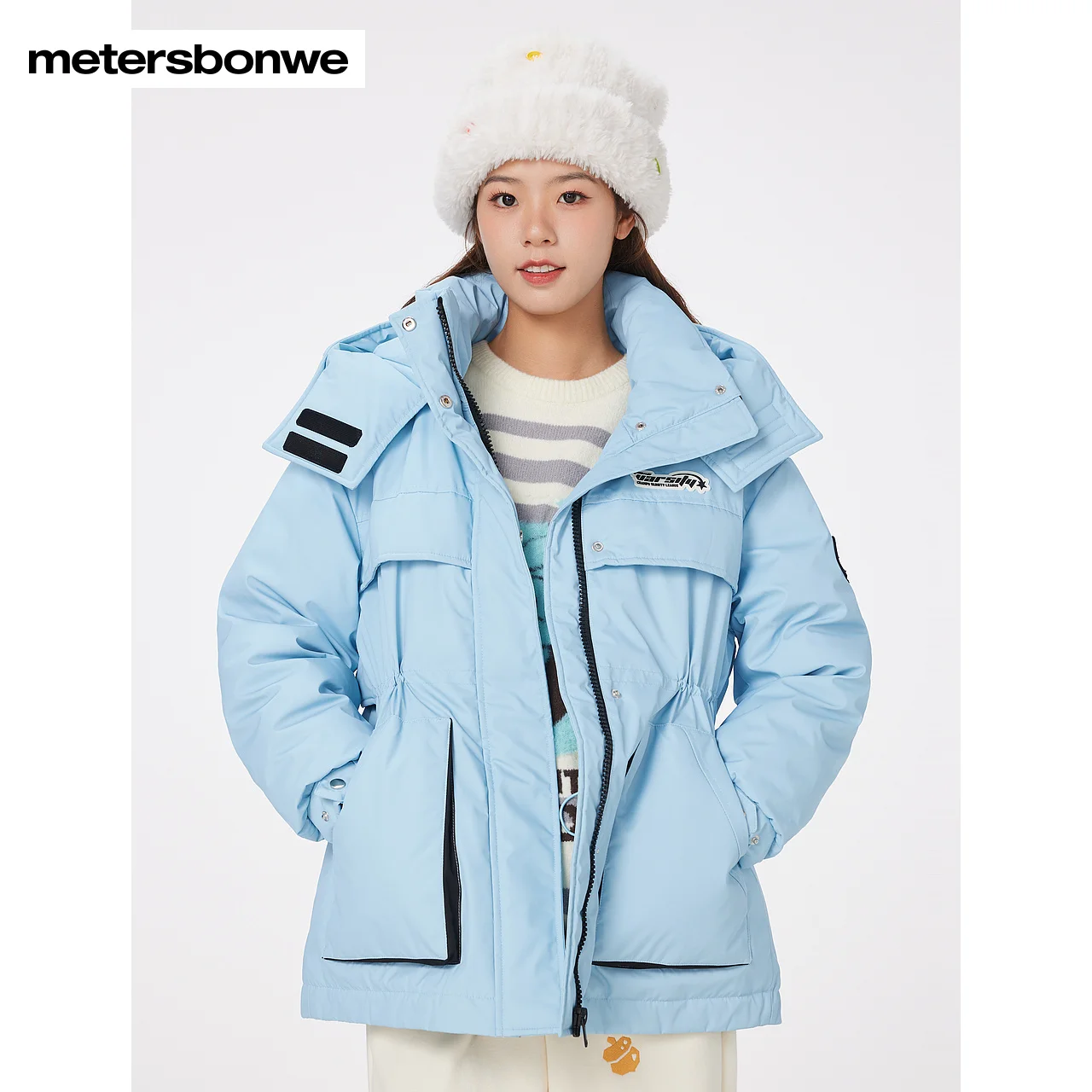 Metersbonwe Women's Jacket Puffer 90 White Duck Down Waist Drawstring Cargo Jackets Hooded Thickened Sporty Warm Wear Winter - Image 2