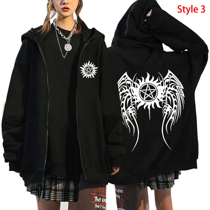 Fashion Unisex Autumn Winter Coat Supernatural Print Zipper Hoodie Casual Long Sleeve Tops Women Men Harajuku Zipper Sweatshirt - Image 2