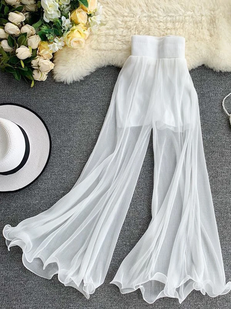 ZOKI Women Flare Pants Loose Gauze Elastic High Waist Ruffle Chiffon Ladies Trousers Fashion Black White Summer Female Pants New - Image 4
