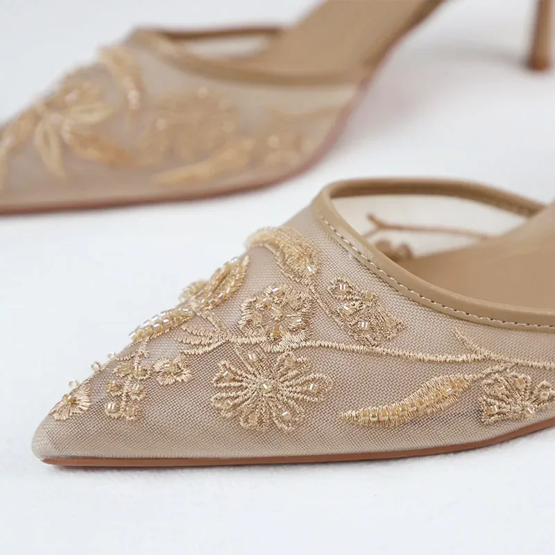 Luxury Mesh Embroidery High Heels Women Sexy Pointed Toe String Bead Slingback Heeled Sandals Summer Elegant Banquet Dress Shoes - Image 2