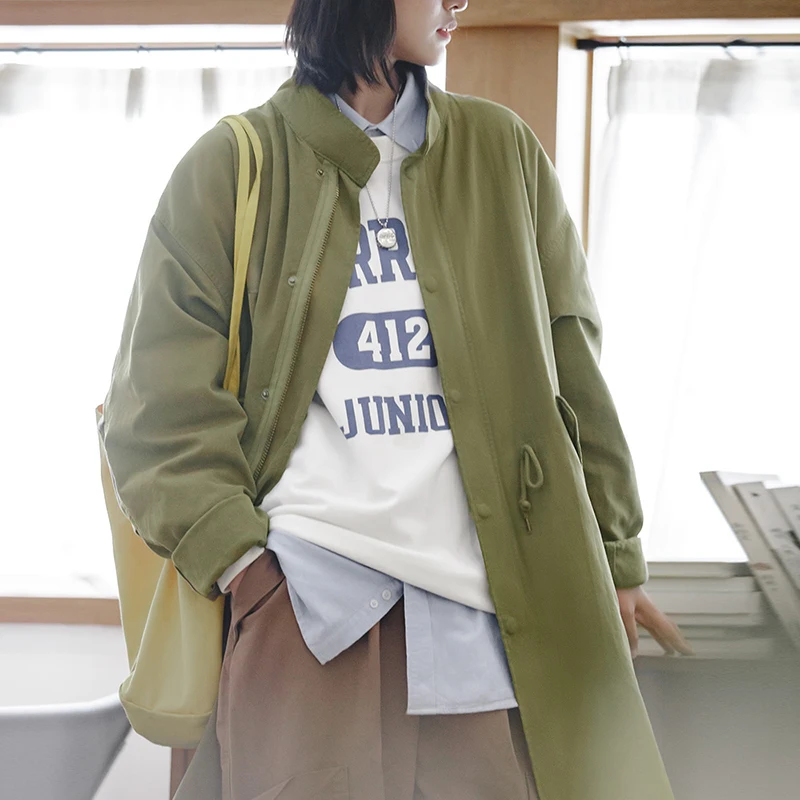 Maden M65 Green Parka Jacket for Women Mid-length Solid-color Coat Loose Fall and Winter Season Stand-up Collar Trench Jacket - Image 4