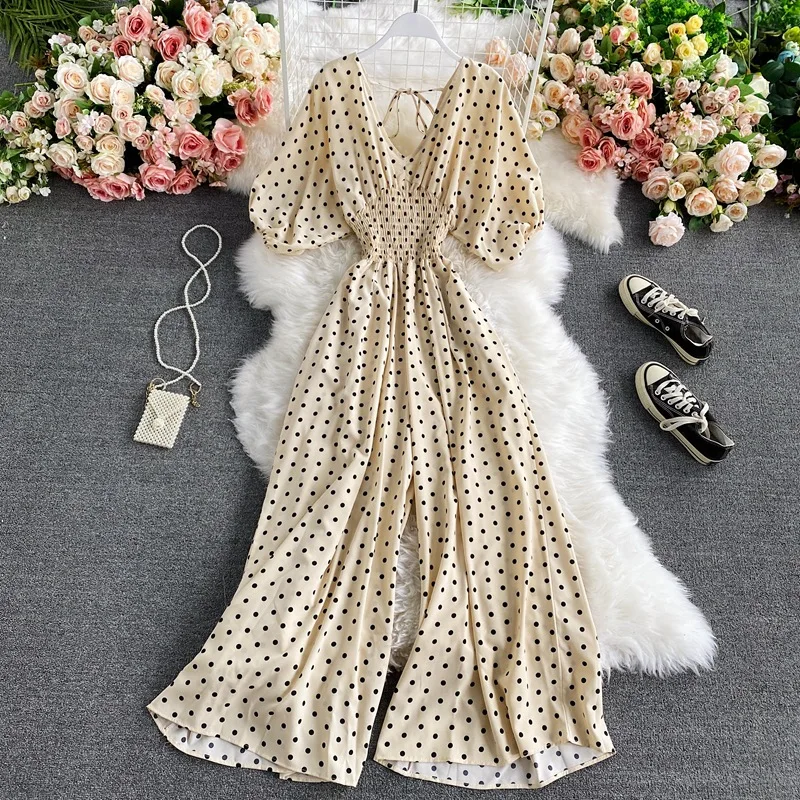 V Neck Sexy Dolman Sleeves Waist Slim Polka Dot Print Jumpsuit Women Wide Leg Trousers Jumpsuit - Image 6