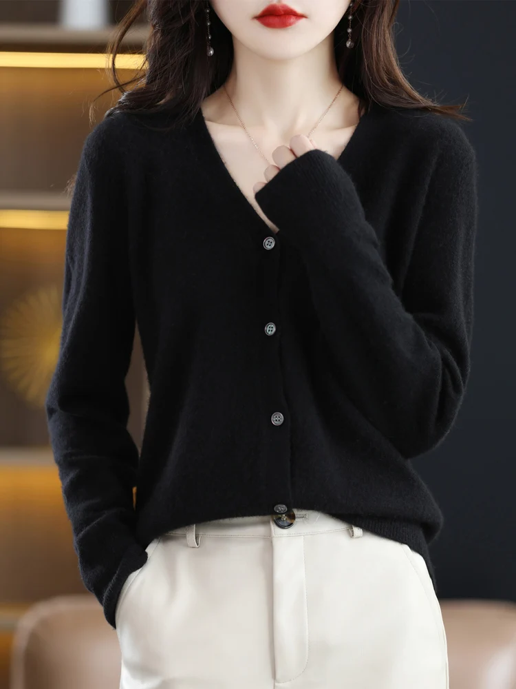 2025 Women Cardigans Long Sleeve Knitted Outerwear Solid Thin Spring Autumn Sweaters V-neck Knitwears Korean Fashion Cardigans - Image 4