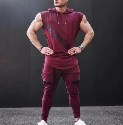 Men's leisure sports vest fitness show muscle men's sports leisure running training clothes sleeveless hooded vest outdoor stree - Image 4