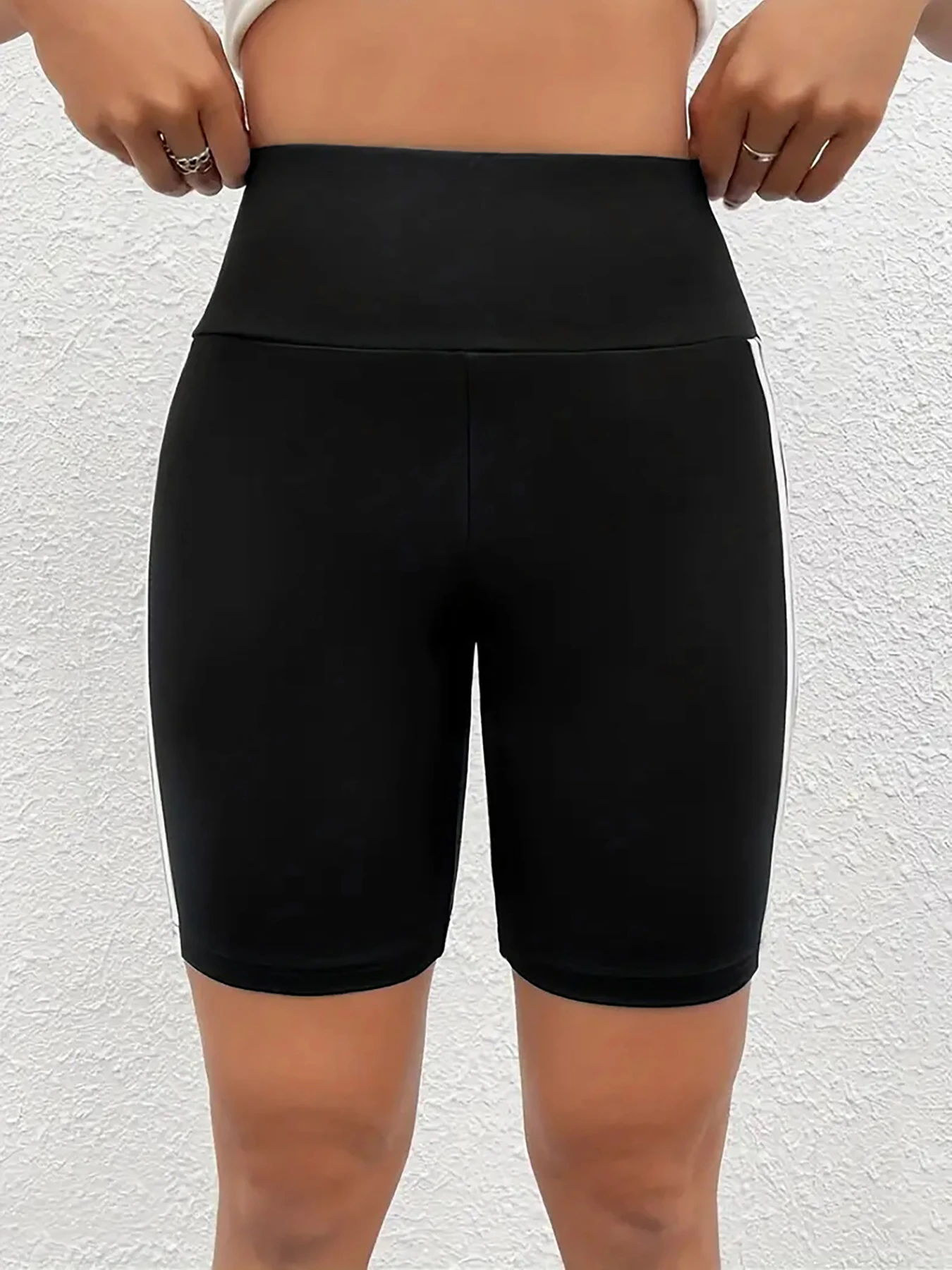 High Stretch Plus Size Athletic Shorts for Women Sporty Knit Mid Thigh Pants with Side Stripes Fashionable and Comfortable Pants - Image 2