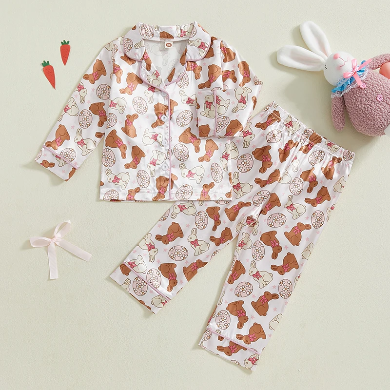 Toddler Girl Easter Satin Pajama Set with Bunny and Carrot Print Long Sleeve Button-up Tops and Pants Sleepwear Outfit 2 Piece - Image 5