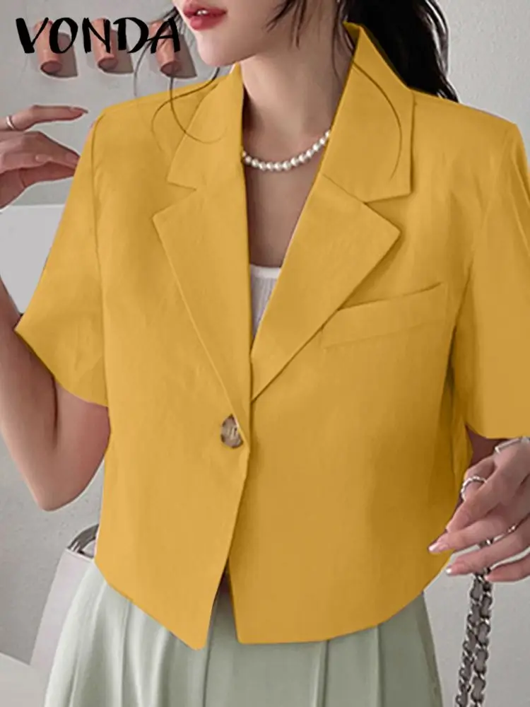 VONDA Elegant Summer Blazer Women Short Sleeve Suit Collar OL Coat 2023 Fashion Outwear Solid Color Casual Button Tunic Tops - Image 3