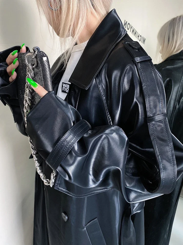 ADAgril Black Leather Trench Coat Women Retro Biker Long Windbreak Jackets Loose Korean Style Fashion Autumn Winter Clothes New - Image 2
