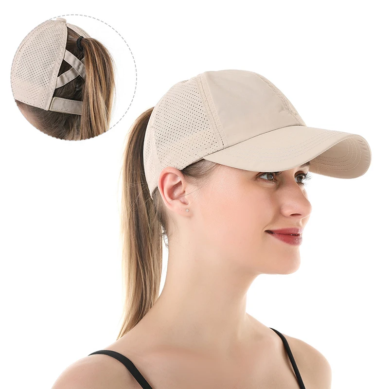 Summer Solid Color Baseball Caps Golf Wear Women Sport Leisure Cross Ponytail Hat Mesh Quick-Drying Half-Hollow Men's Peaked Cap - Image 2