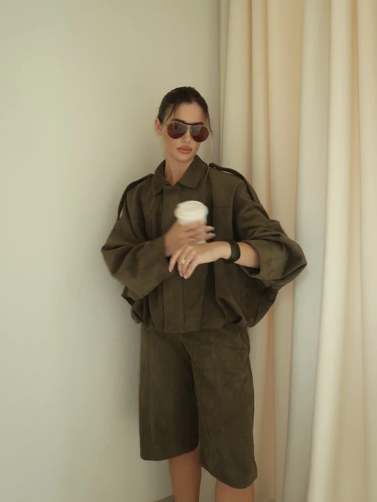 Women Green Suede Leather Jacket 2025 Fashion Oversized Full Sleeve Lapel Bomber Coat Female High Street Outerwears New Spring - Image 5