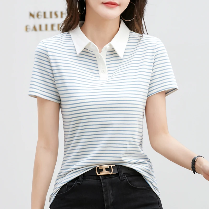 Korean Style Short Sleeve Polo Shirt Women Cotton Stretch Fashion Summer Tops Elegant Knitted Striped T-shirt For Women - Image 6