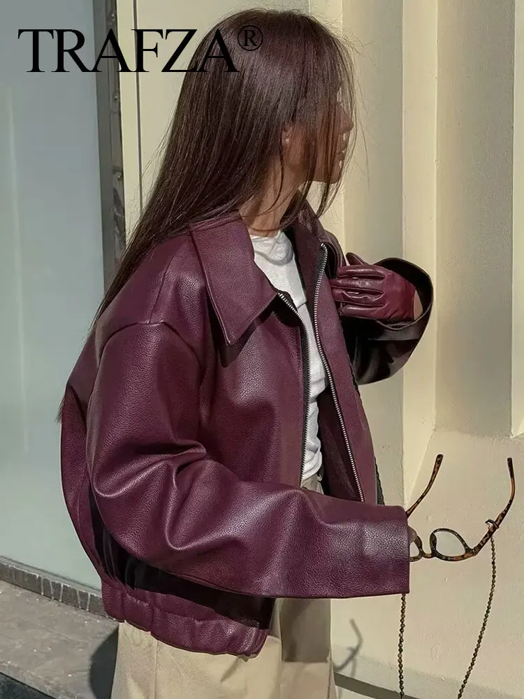 TRAFZA Wine Red Faux Leather Jakcet Fashion Outerwear Thicken Zipper Lapel Pu Coats Autumn Winter Streetwear Ladies Tops Women - Image 5