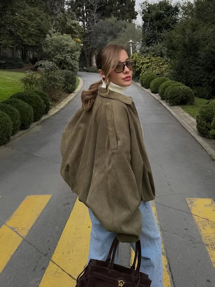 Women Green Suede Leather Jacket 2025 Fashion Oversized Full Sleeve Lapel Bomber Coat Female High Street Outerwears New Spring - Image 3