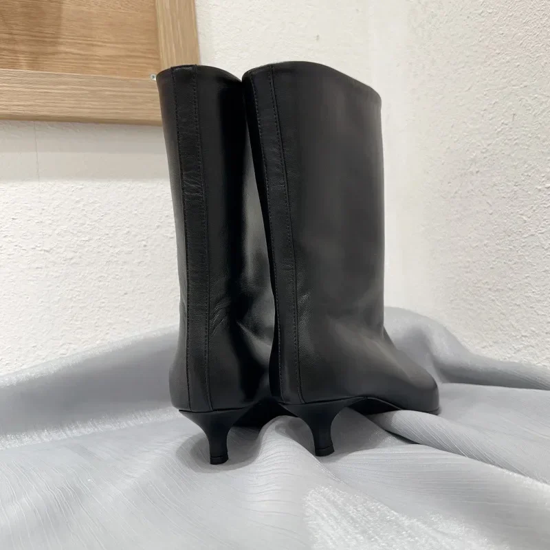 SEXY Black Pointed Toe Cat Heel Mid Calf Boots for Women Soft Leather PU Design Low Heel Wide Mouth French Style Ankle Boots - Image 4