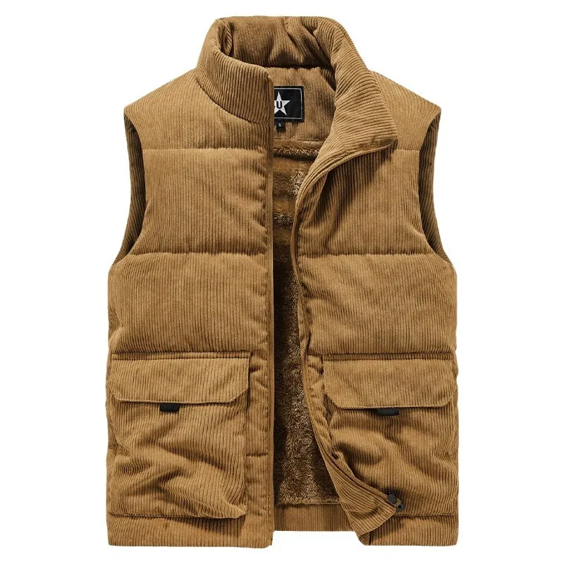 Men Stand Collar Army Thicken Waistcoats Clothing Mens Sleeveless Corduroy Vest Winter Male Classic Fleece Warm Vests Coats - Image 2