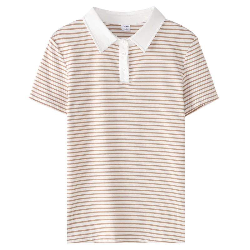 Korean Style Short Sleeve Polo Shirt Women Cotton Stretch Fashion Summer Tops Elegant Knitted Striped T-shirt For Women - Image 3