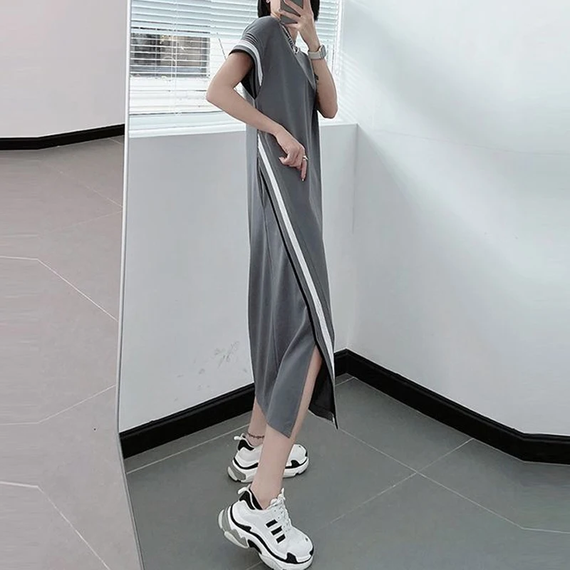 2023 Summer New Korean Style Contrast Color Asymmetrical Ladies Midi Dress Female Short Sleeve Loose Casual Straight Vestidos - Image 5