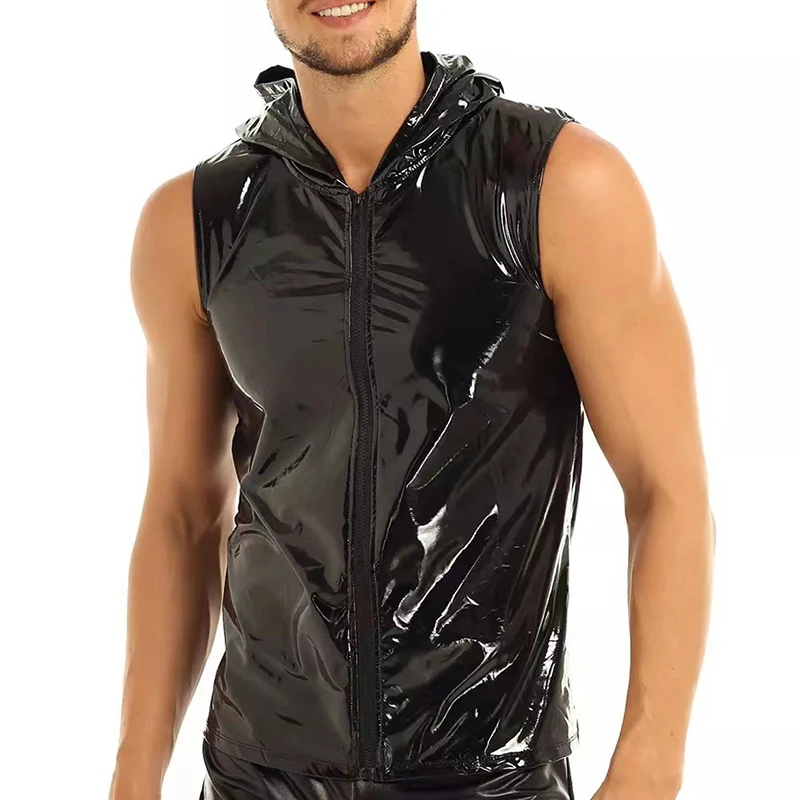 Men PVC Hoodies Tank Tops PU Leather Zipper Sleeveless Latex Hooded Shirts Vest Sexy Party Clubwear Fitness T-shirts Streetwear - Image 2