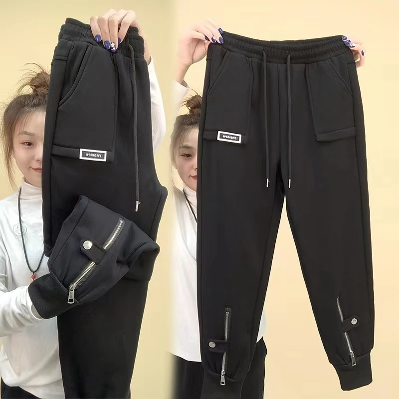 Autumn Winter Women Pants Add Velvet Pants Elastic Waist Zipper Guard Harem Pants Casual Sports Trousers Female Harem Pants - Image 3