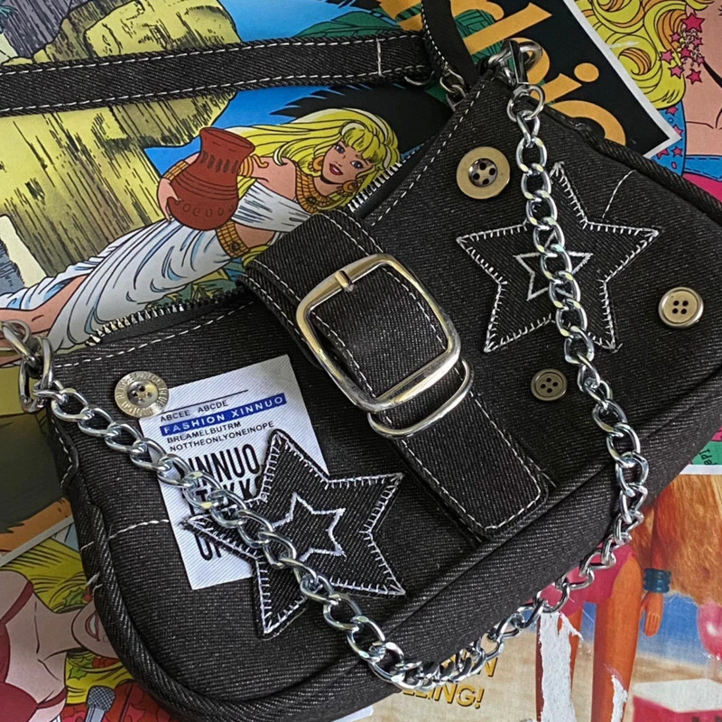 Y2k Fashion Women's Handbags Stars Pattern Cool Girls Underarm Bag Vintage Canvas Female Small Shoulder Bags Chain Tote Purses - Image 6